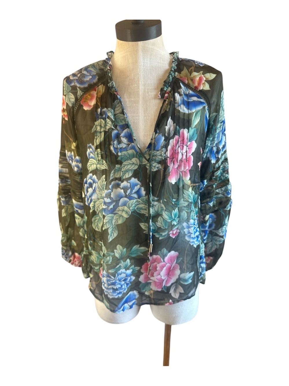Guess Black Floral Sheer Tie-Neck Blouse with Blue & Pink Blooms